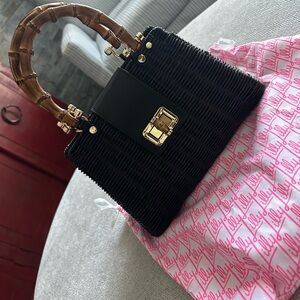 Lilly Pulitzer Leena Black Wicker Top Handle with Shoulder Strap